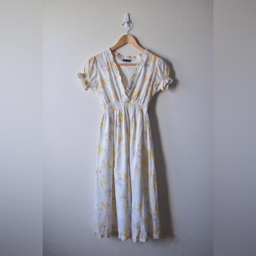 Leluxe Heirloom 1930's Vintage Smocked Daffodil Print Voile Dress XS